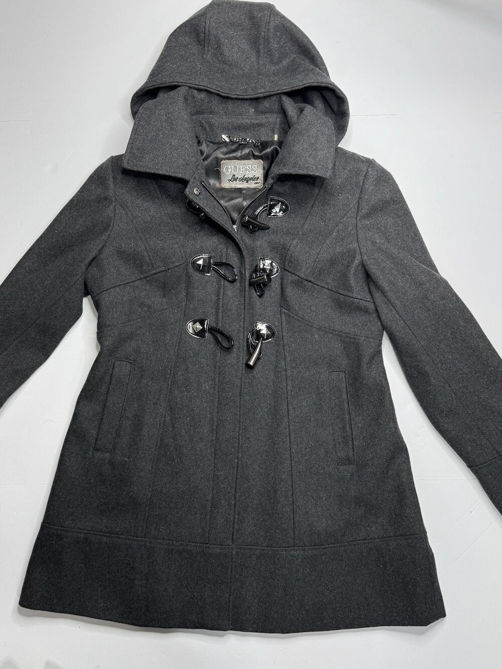 GUESS Womens L Charcoal Gray Wool Blend Hooded Studded Toggle Duffle Coat